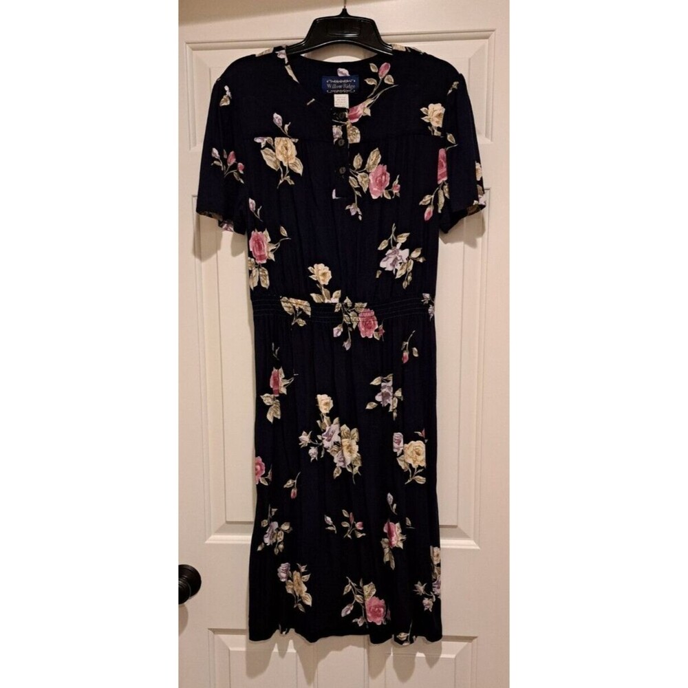 Willow Ridge Navy Blue Floral Midi Dress Vintage Women's Size 12P Made USA